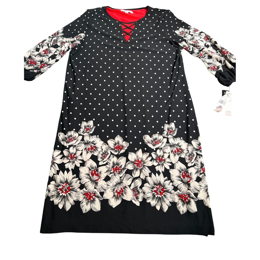 Sandra Darren Women's 10 Black Red Polka Dot Dress Lattice Neck Career Party NEW